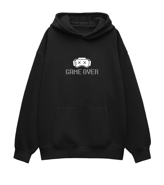 Level up your style with our Black Oversized Hoodie featuring a bold ‘Game Over’ print!